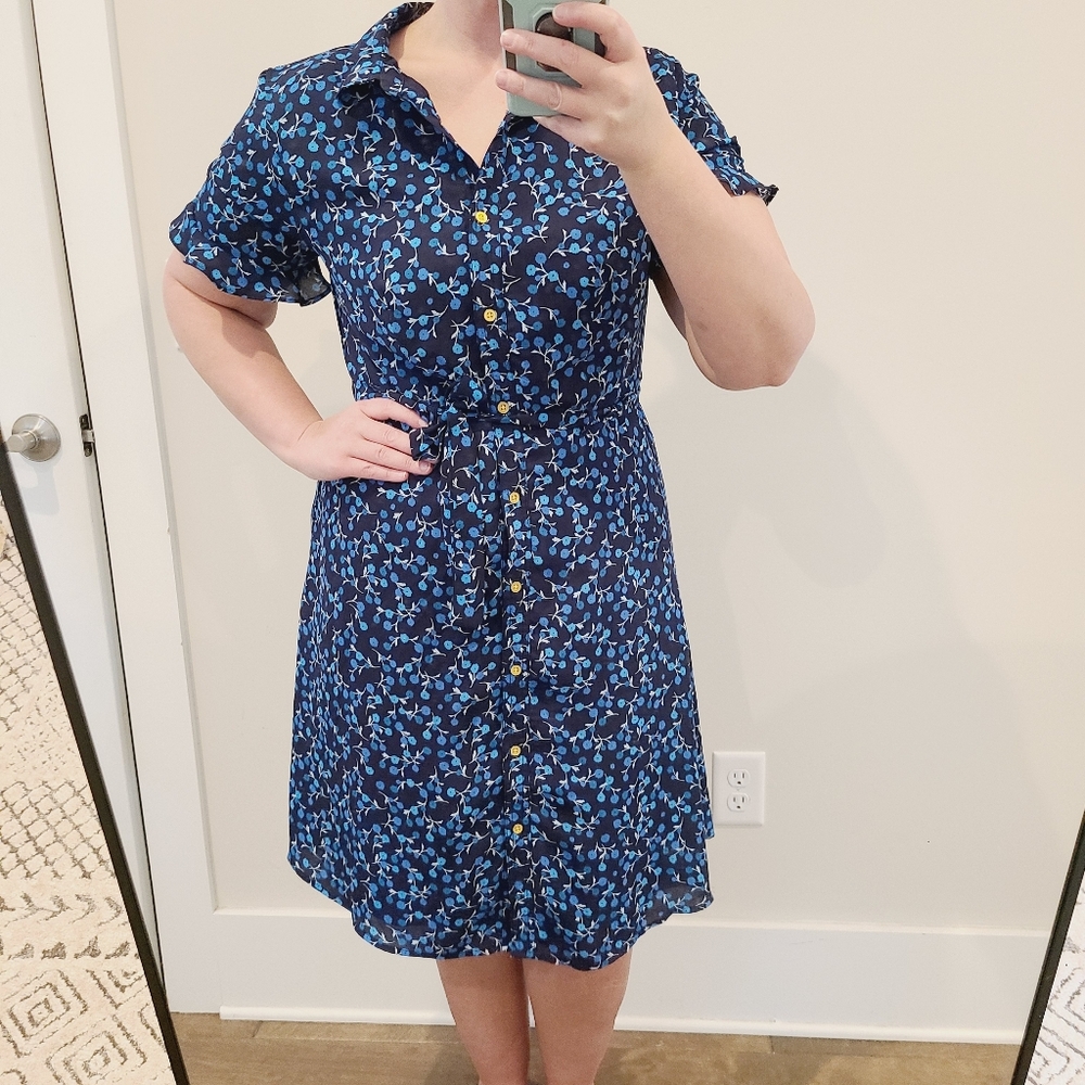 Sharagano Blue Floral Button Front Ruffle Sleeve Midi Dress